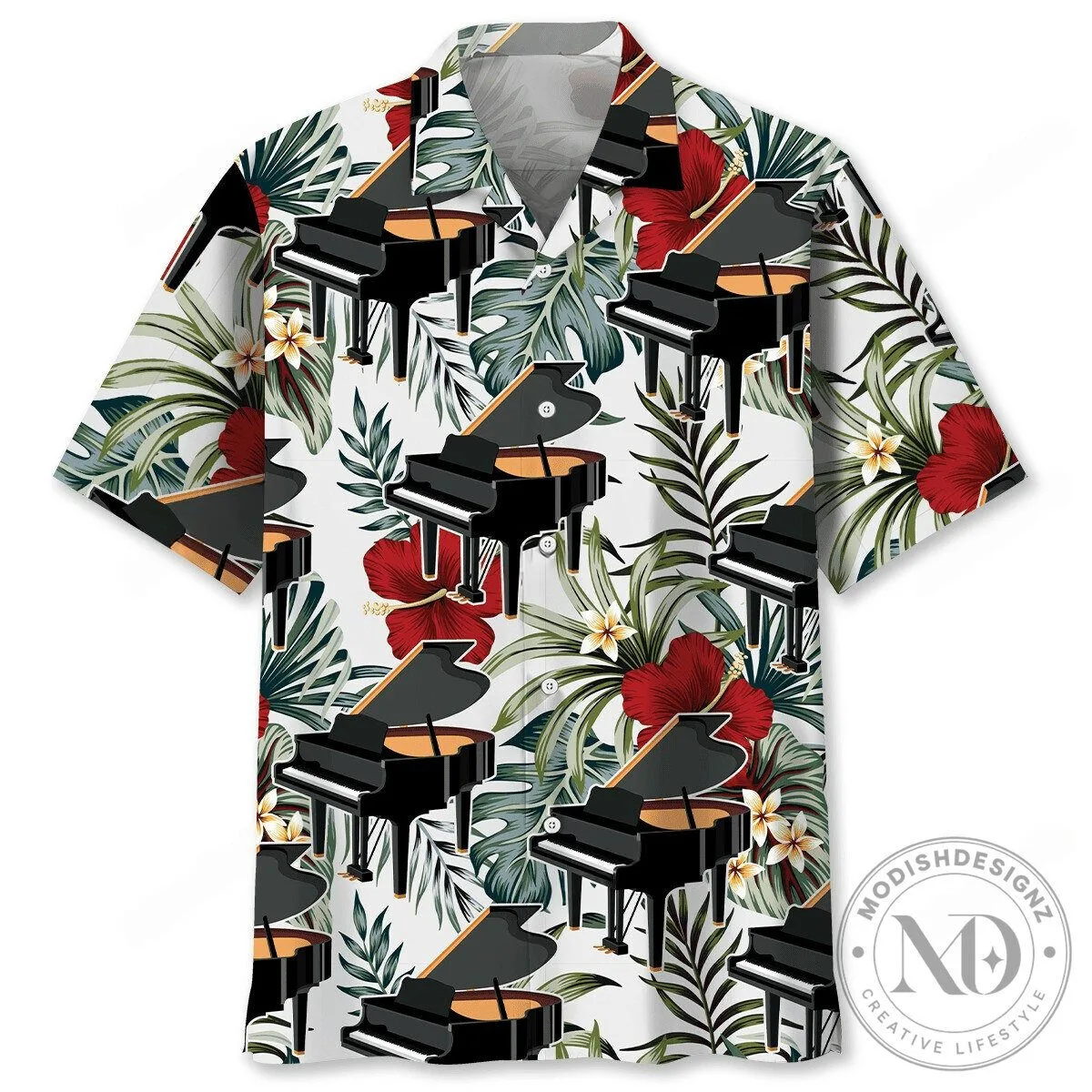Grand Piano Tropical Floral Pattern White Hawaiian Shirt