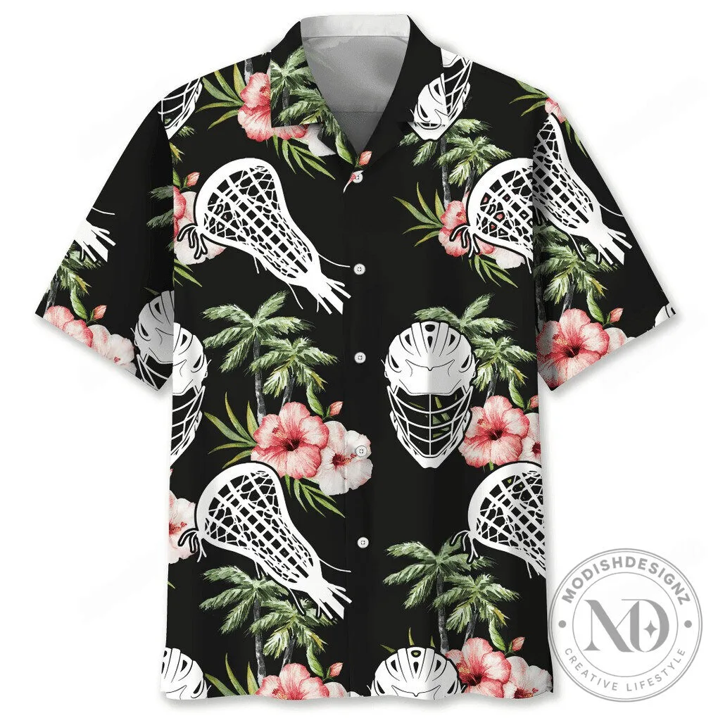 Lacrosse Sticks and Helmets Tropical Floral Black Hawaiian Shirt
