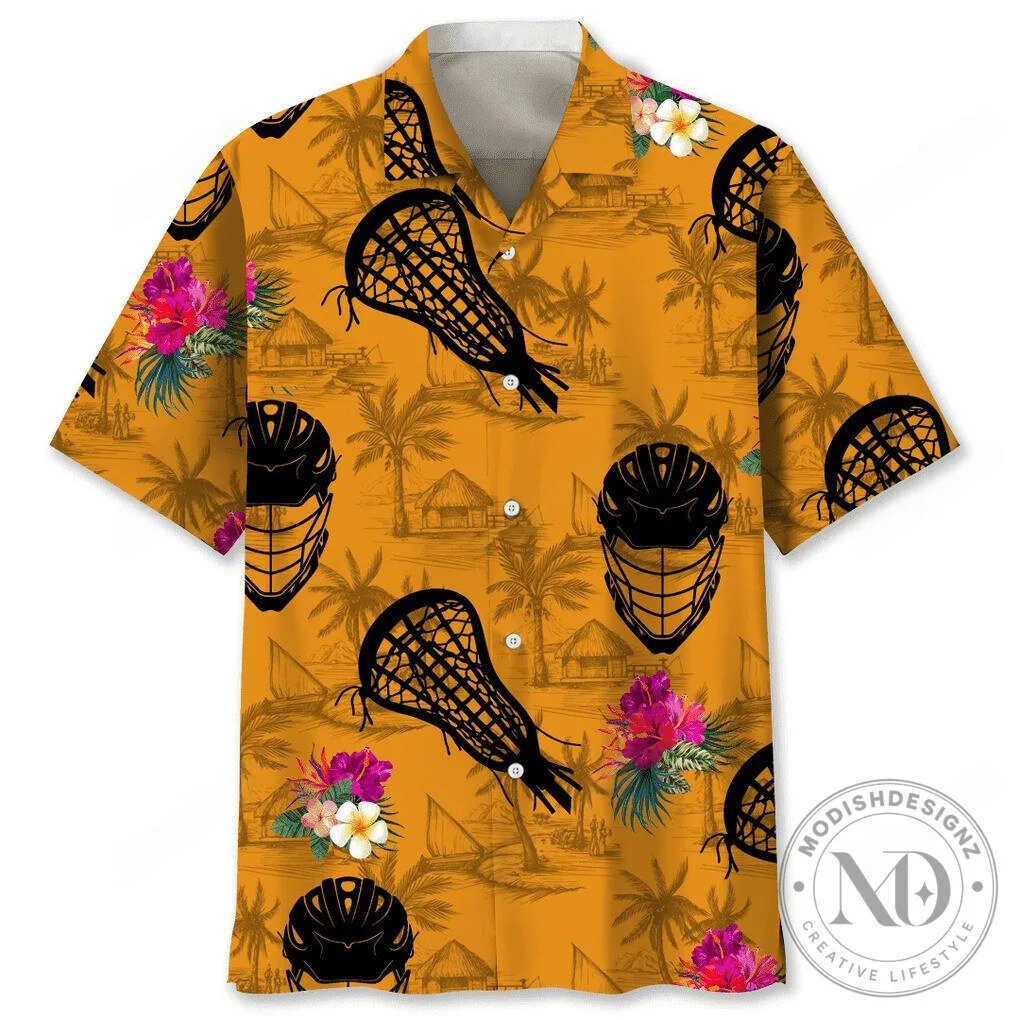 Lacrosse Stick Orange Tropical Floral Hawaiian Shirt