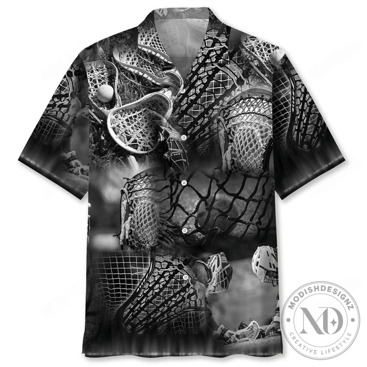 Lacrosse Sticks and Net Black and White Hawaiian Shirt