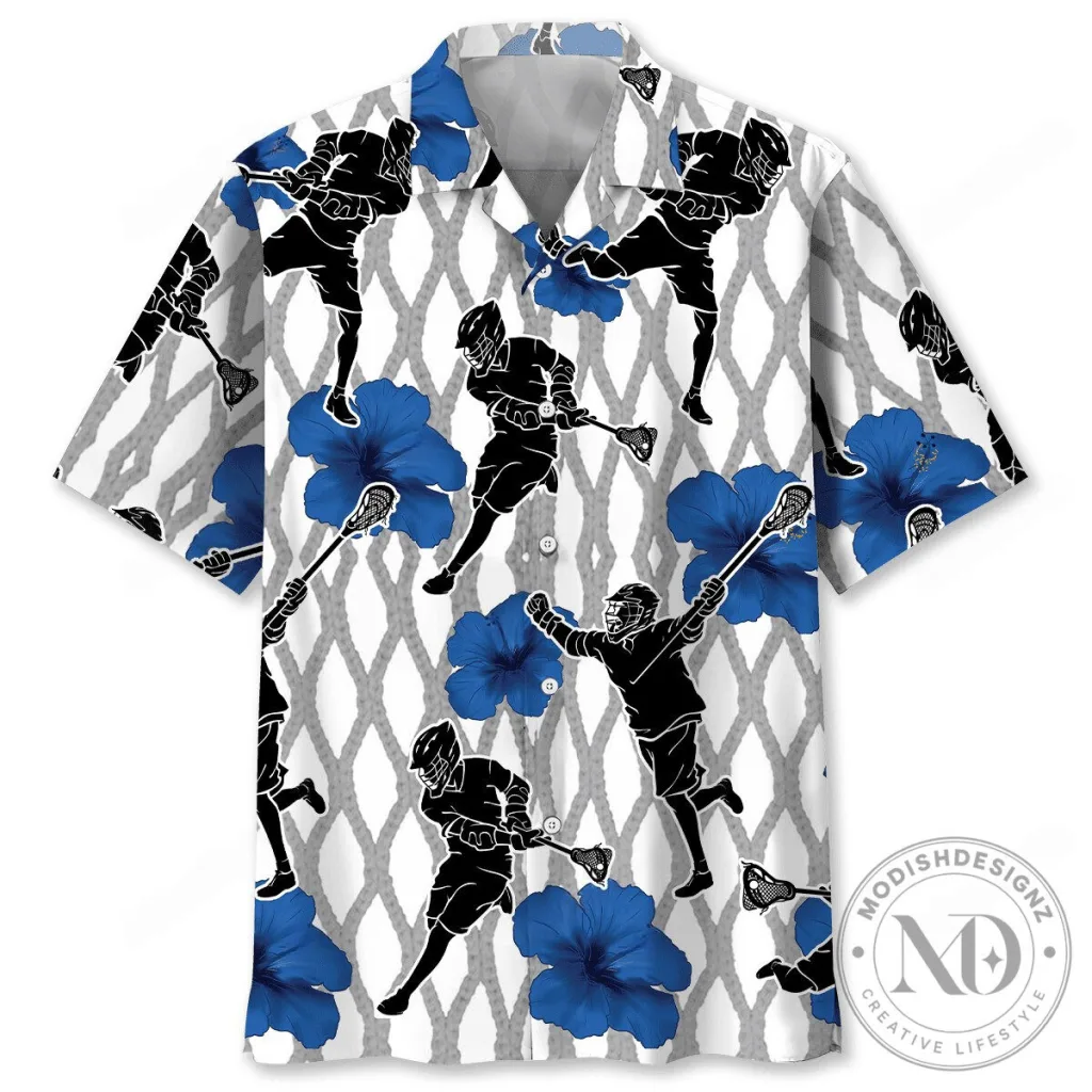 Lacrosse Player Mesh Pattern Blue Hibiscus Flower Hawaiian Shirt Lacrosse Player Mesh Pattern Blue Hibiscus Flower Hawaiian Shirt