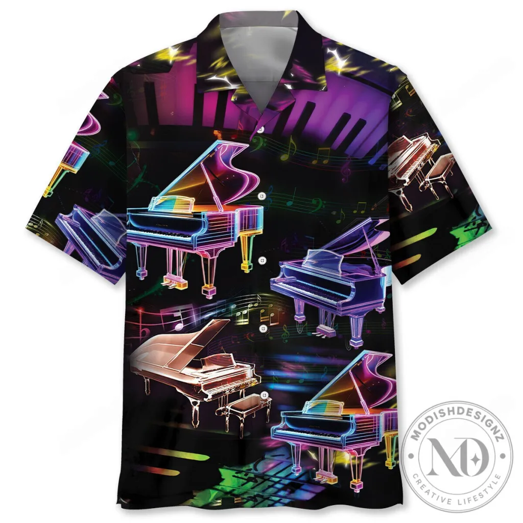 Neon Style Grand Piano Music Lover Black Button Down Hawaiian Shirt Neon Style Grand Piano Music Lover Black Button Down Hawaiian Shirt