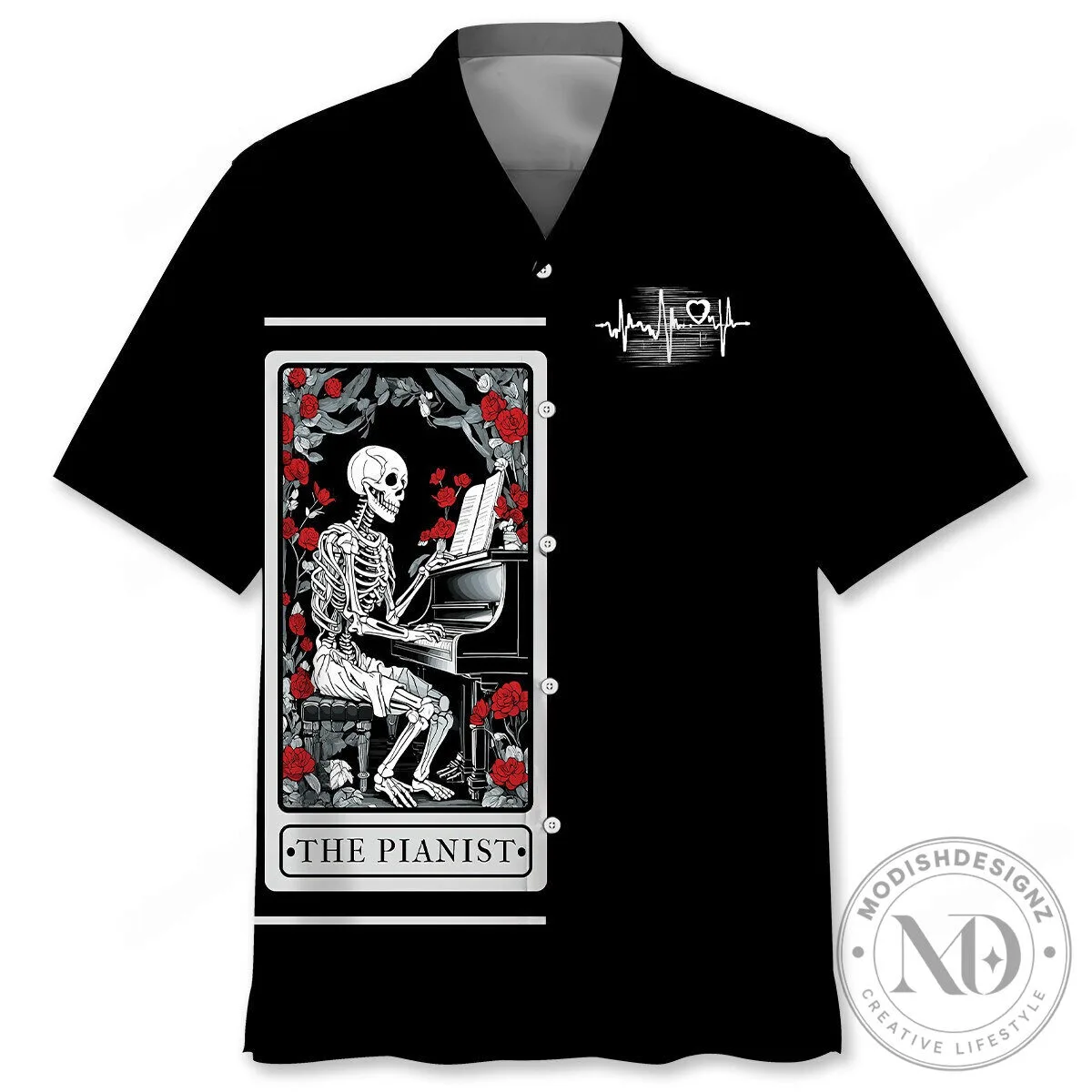 The Pianist Skeleton Playing Piano Tarot Card Halloween Hawaiian Shirt