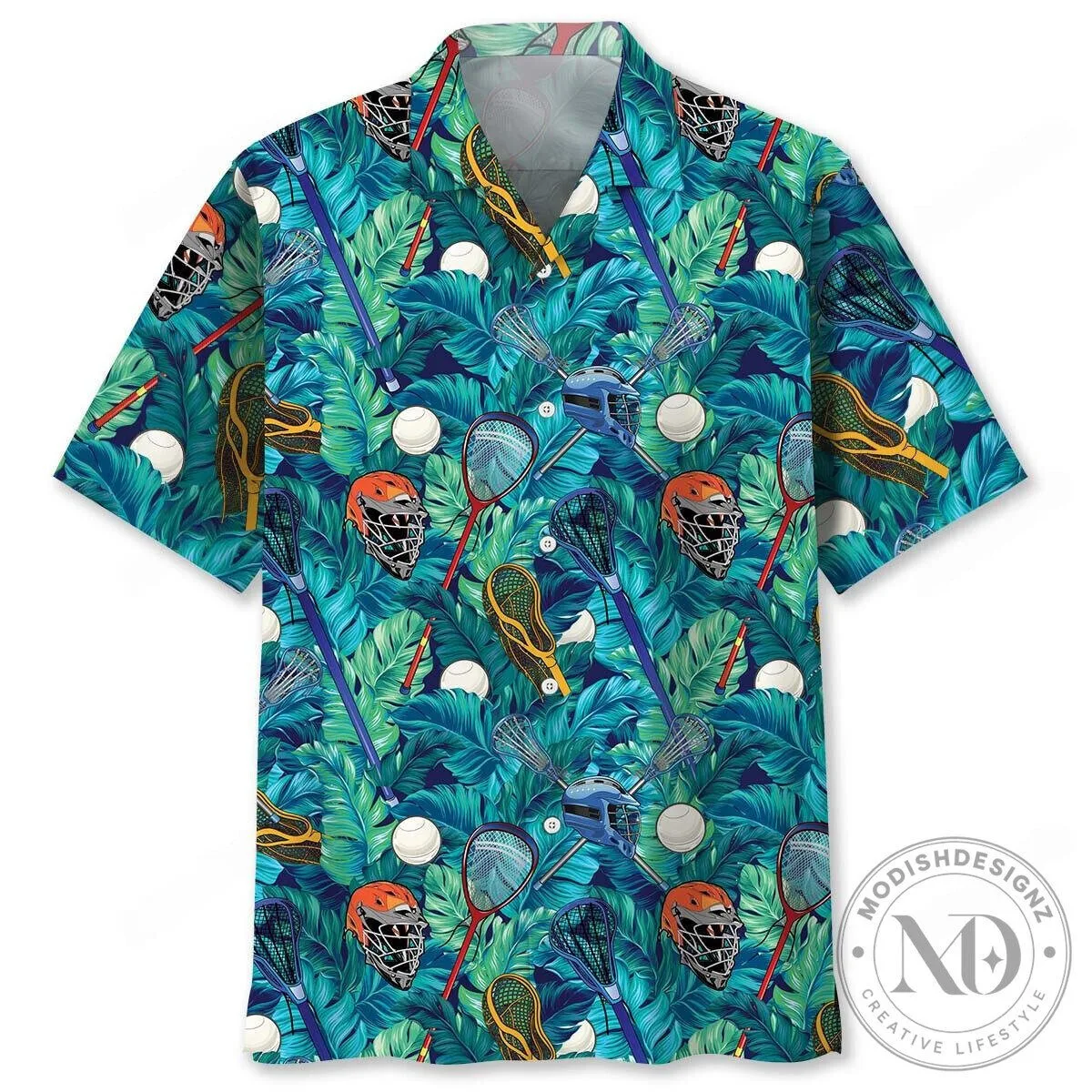 Lacrosse Sticks and Helmets Tropical Leaves Hawaiian Shirt