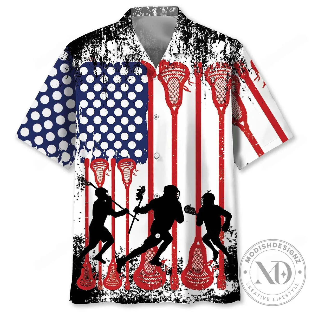 Lacrosse American Flag Patriotic Sports Hawaiian Shirt