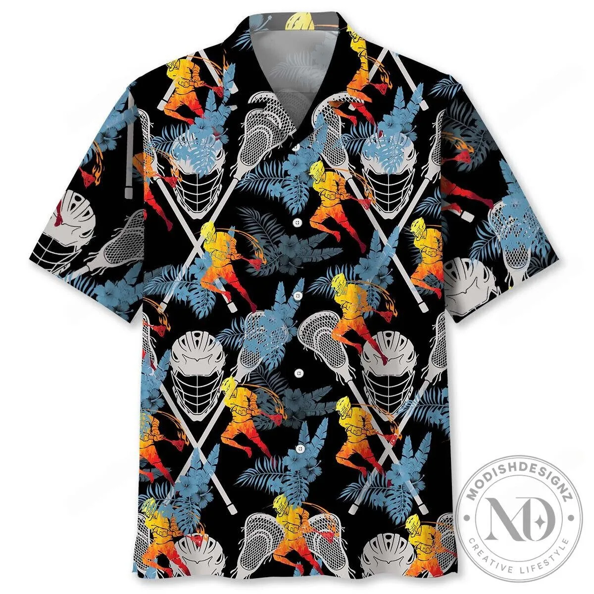Lacrosse Player Tropical Floral Pattern Black Hawaiian Shirt