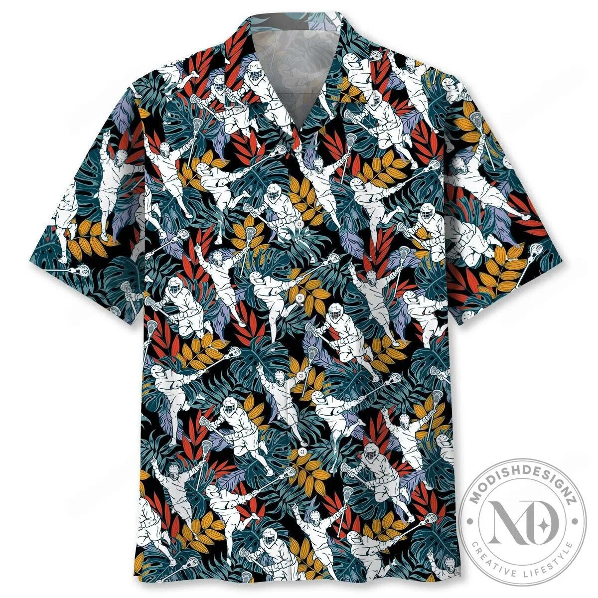 Tropical Lacrosse Player Silhouette Pattern Hawaiian Shirt