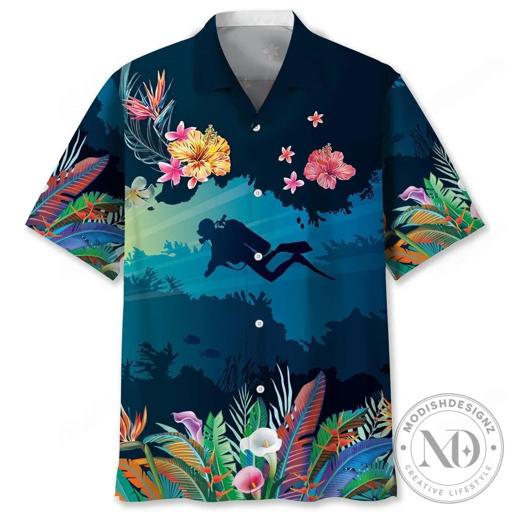 Scuba Diving Underwater Tropical Floral Hawaiian Shirt