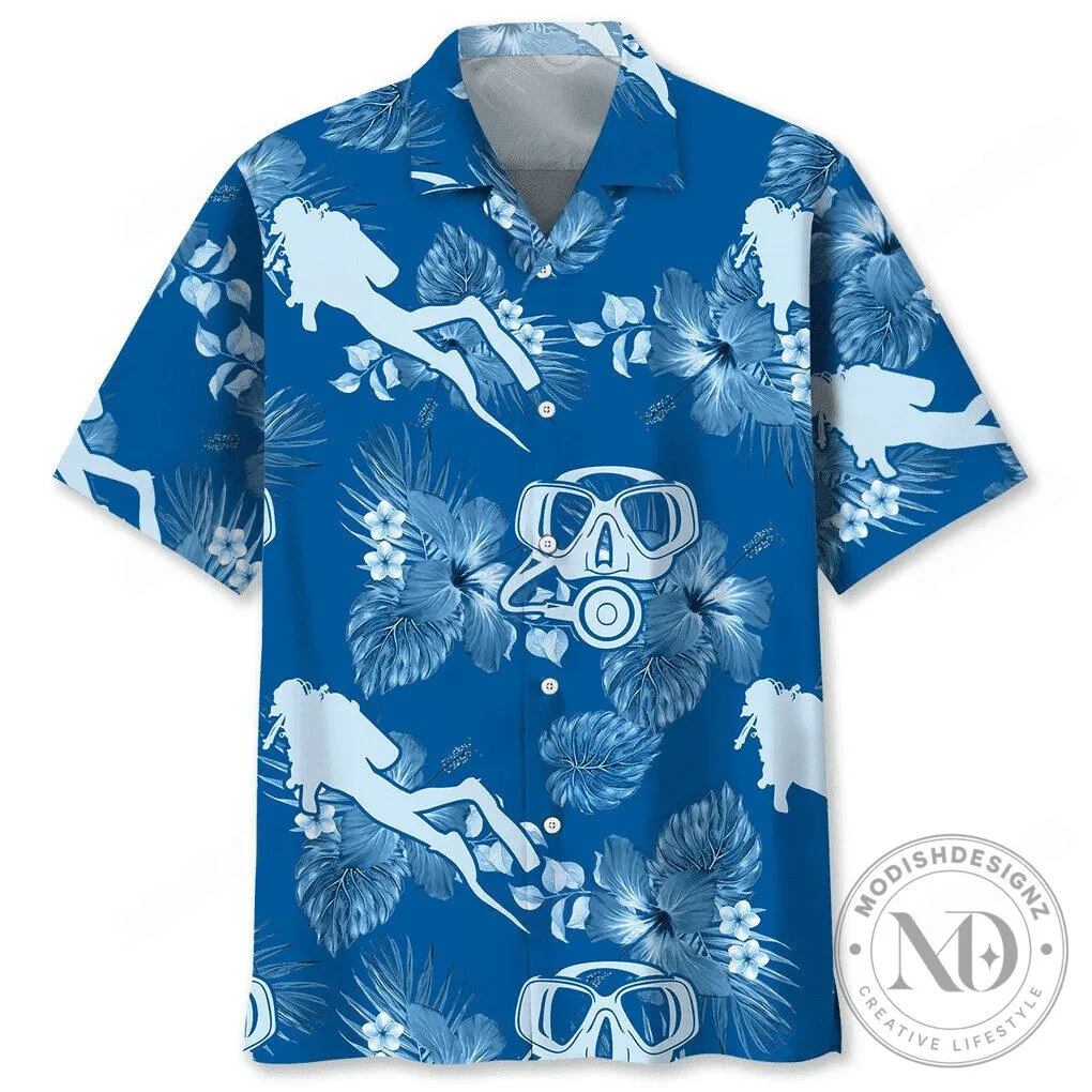 Scuba Diving Blue Hawaiian Shirt with Tropical Flowers and Divers