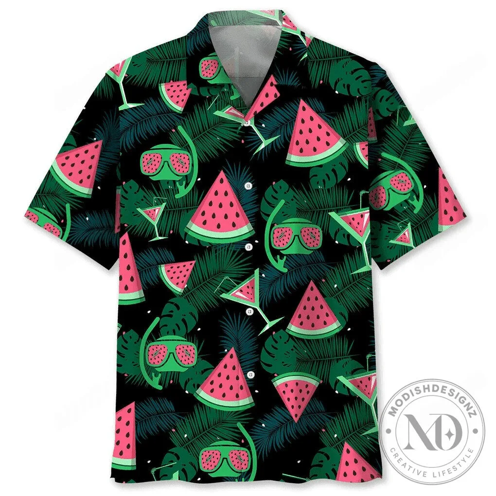 Watermelon Scuba Diving Tropical Leaf Pattern Hawaiian Shirt