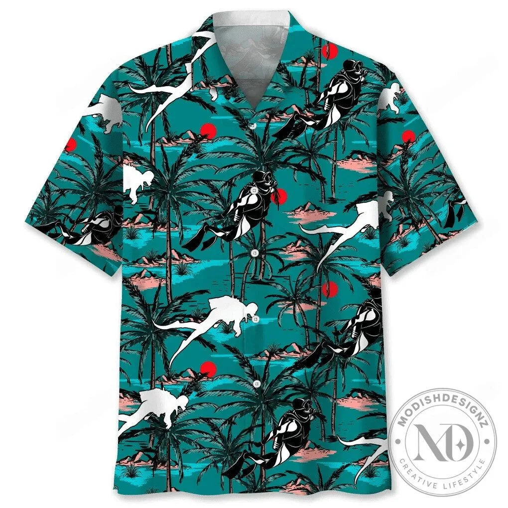 Scuba Diving Tropical Palm Trees Ocean Vintage Hawaiian Shirt