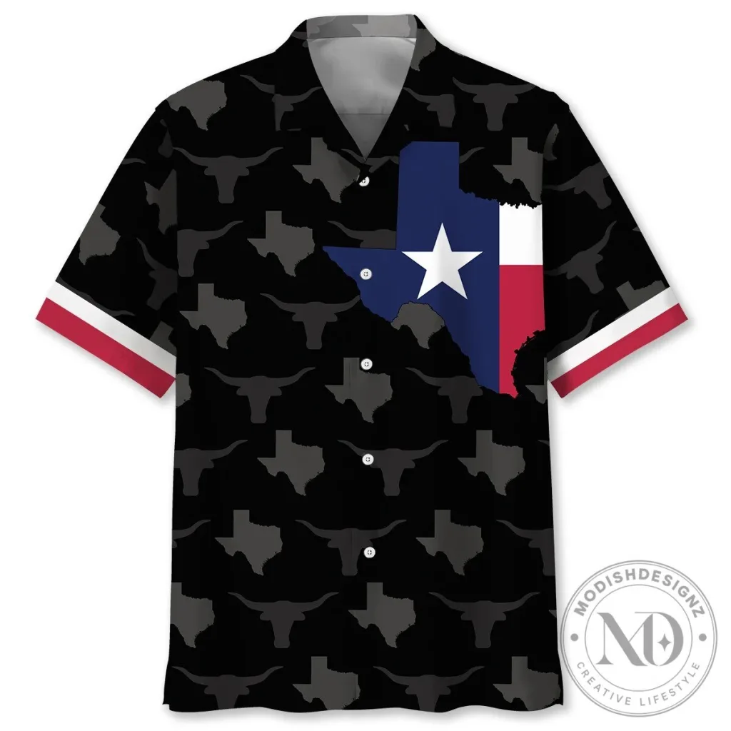 Texas State Flag Map and Longhorn Pattern Hawaiian Shirt Texas State Flag Map and Longhorn Pattern Hawaiian Shirt