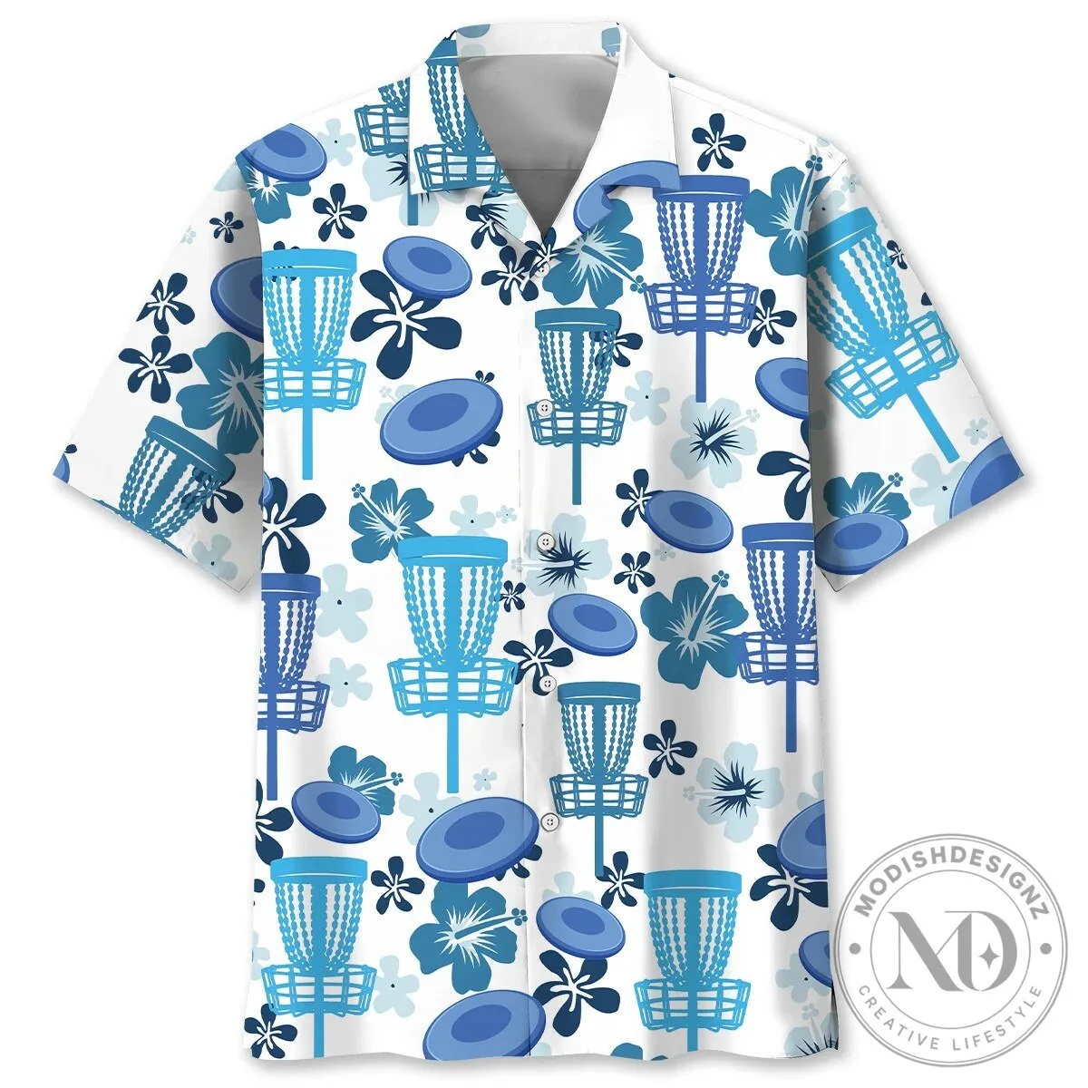 Disc Golf Basket and Flying Discs Blue Hibiscus Hawaiian Shirt
