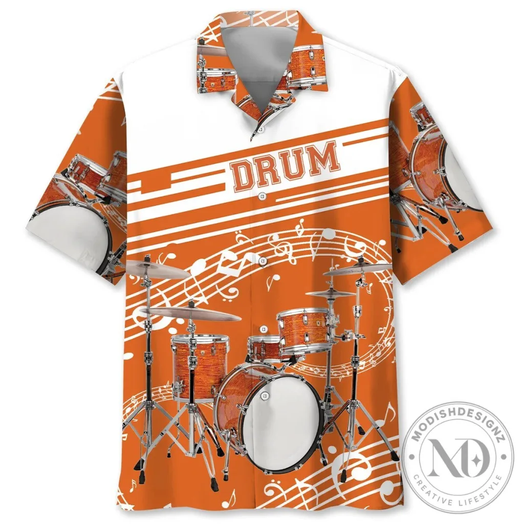 Orange Drum Set Music Notes Hawaiian Shirt