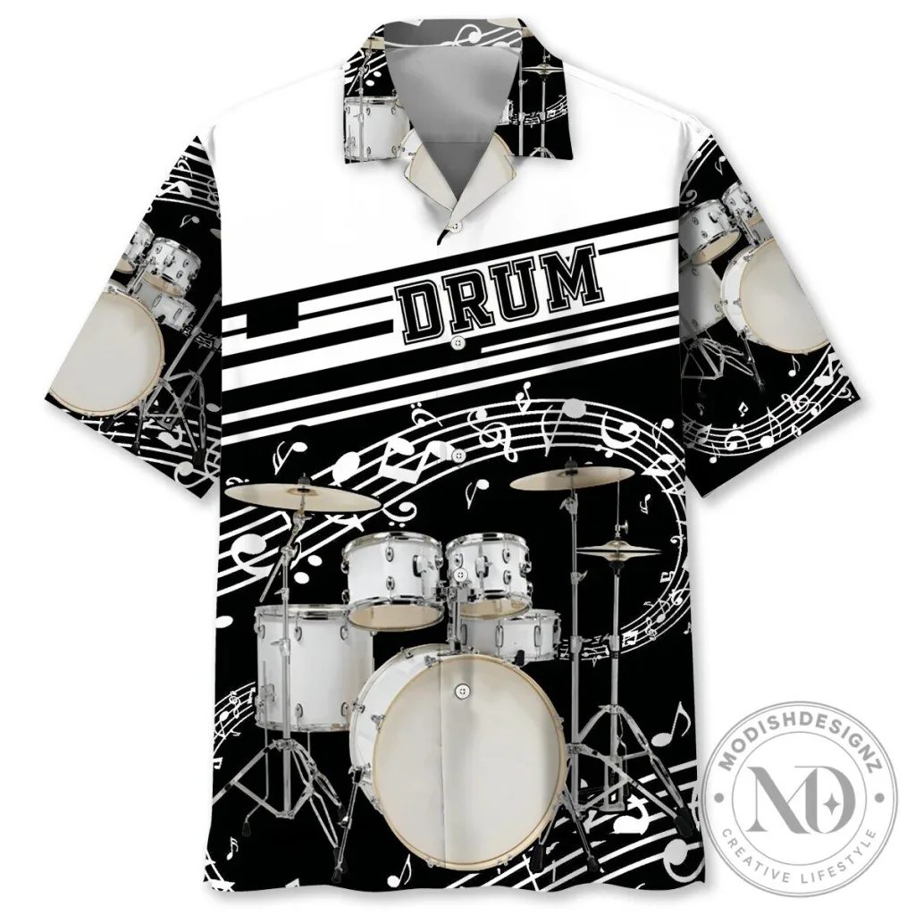 Drum Set Musical Notes Black and White Hawaiian Shirt for Men Drum Set Musical Notes Black and White Hawaiian Shirt for Men
