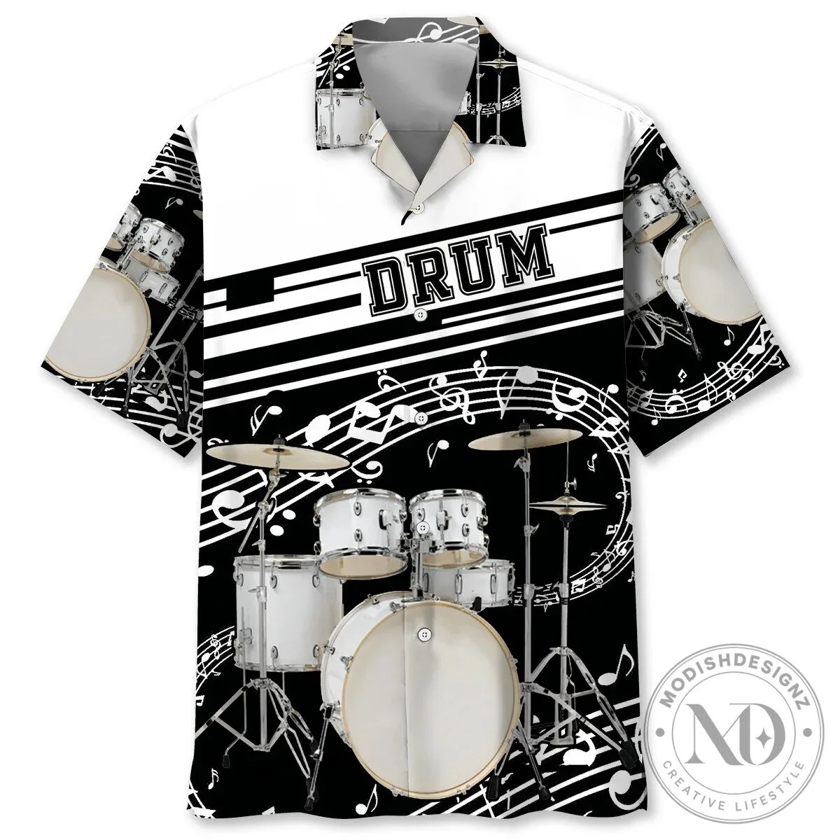 Drum Set Musical Notes Black and White Hawaiian Shirt for Men