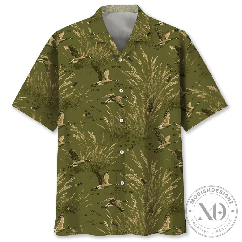 Vintage Goose Hunting Green Grassland Hawaiian Shirt