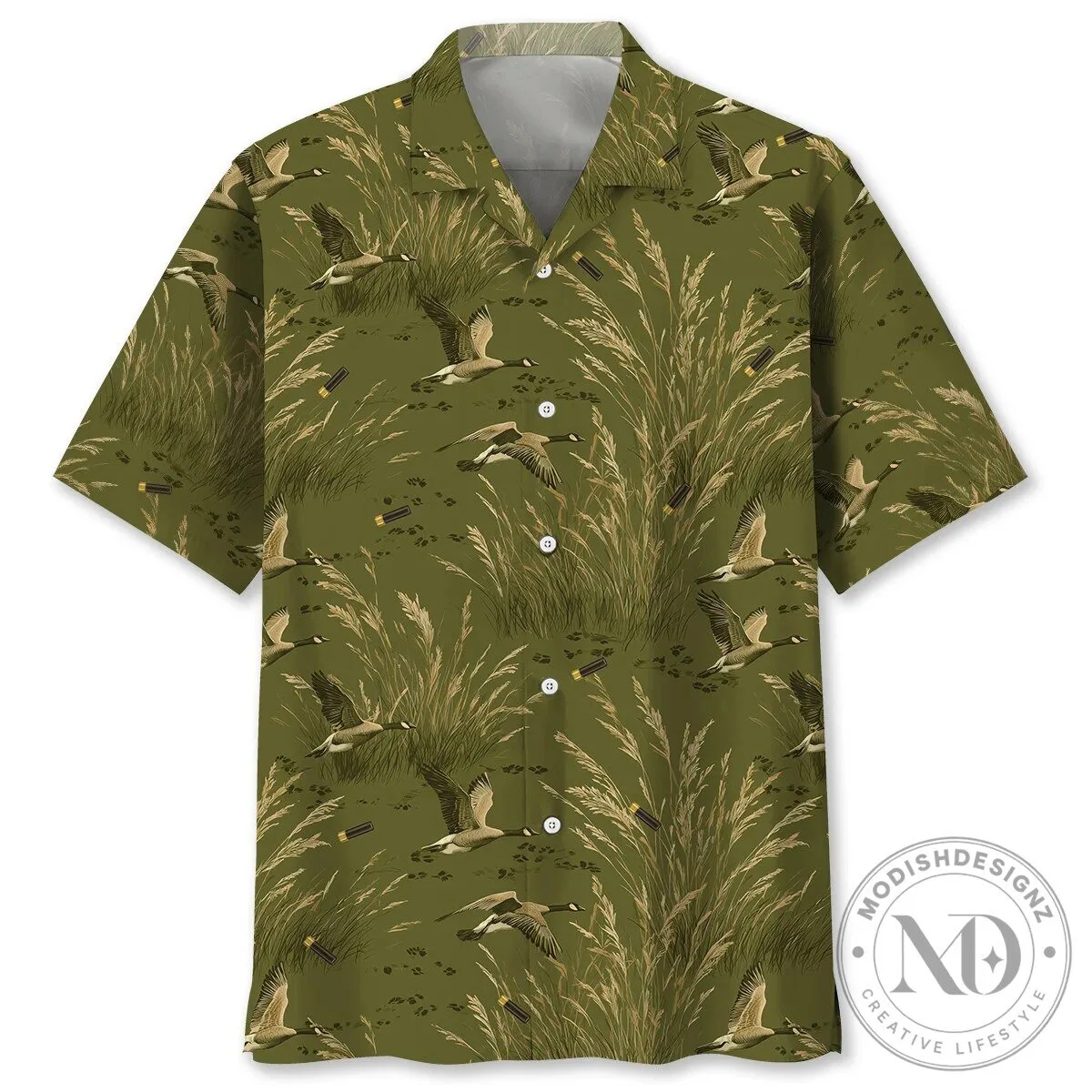 Vintage Goose Hunting Green Grassland Hawaiian Shirt