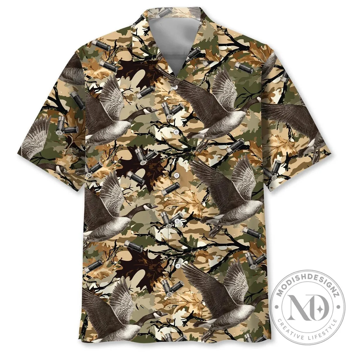 Hunting Camouflage Flying Geese Shotgun Shells Hawaiian Shirt