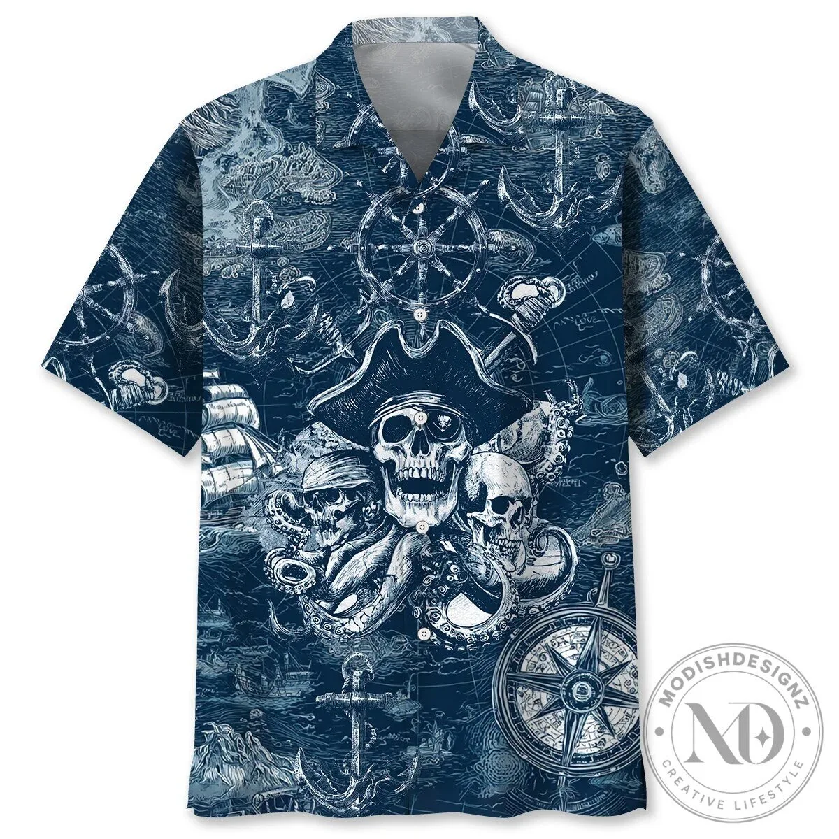 Vintage Pirate Map Skull and Octopus Blue Hawaiian Shirt