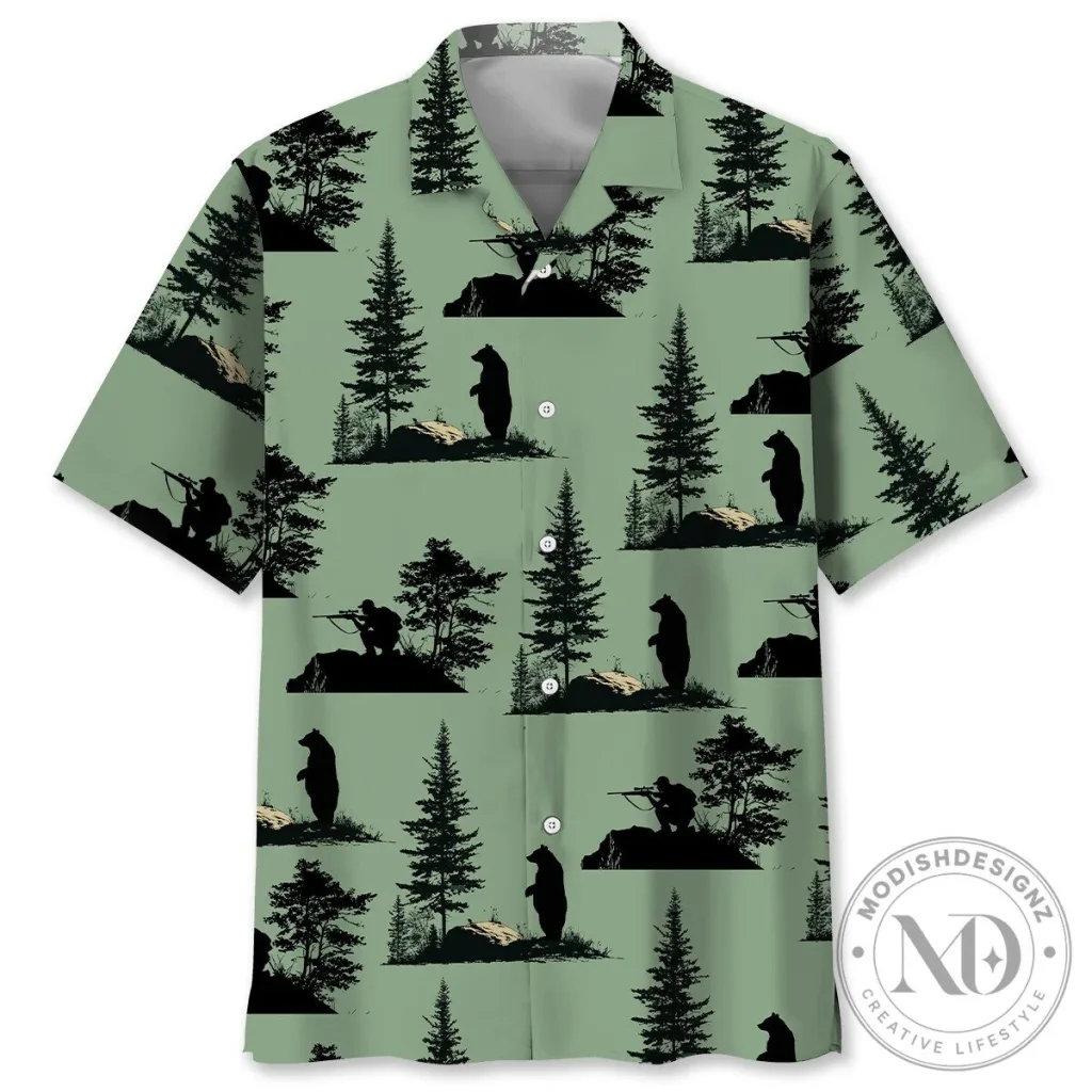 Hunter and Bear Silhouette Forest Green Hawaiian Shirt Hunter and Bear Silhouette Forest Green Hawaiian Shirt