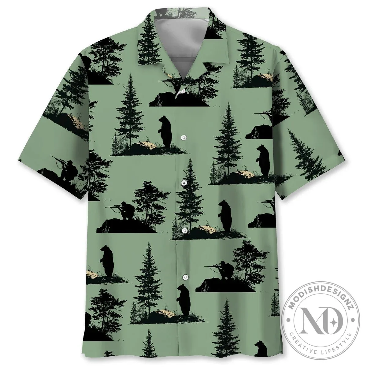 Hunter and Bear Silhouette Forest Green Hawaiian Shirt