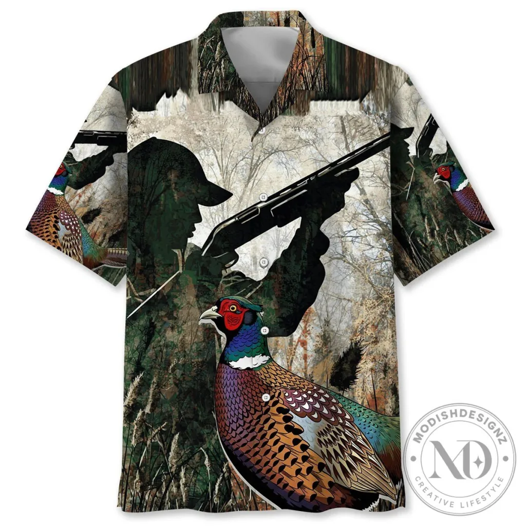 Men's Hawaiian Shirt Featuring Pheasant Hunting Camouflage Design Men's Hawaiian Shirt Featuring Pheasant Hunting Camouflage Design