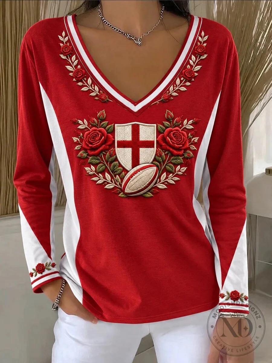England Rugby Rose Emblem Women's Long-Sleeve V-Neck Shirt 2 England Rugby Rose Emblem Women's Long-Sleeve V-Neck Shirt