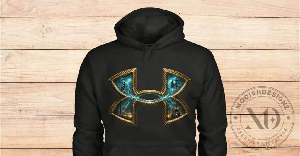 Lineman Under Armour Style Lightning Bolt Power Lines Black Hoodie