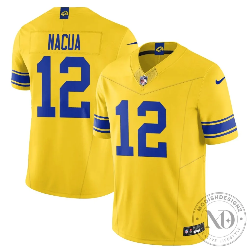 Los Angeles Rams Puka Nacua Number 12 Yellow Football Jersey Los Angeles Rams Puka Nacua Number 12 Yellow Football Jersey