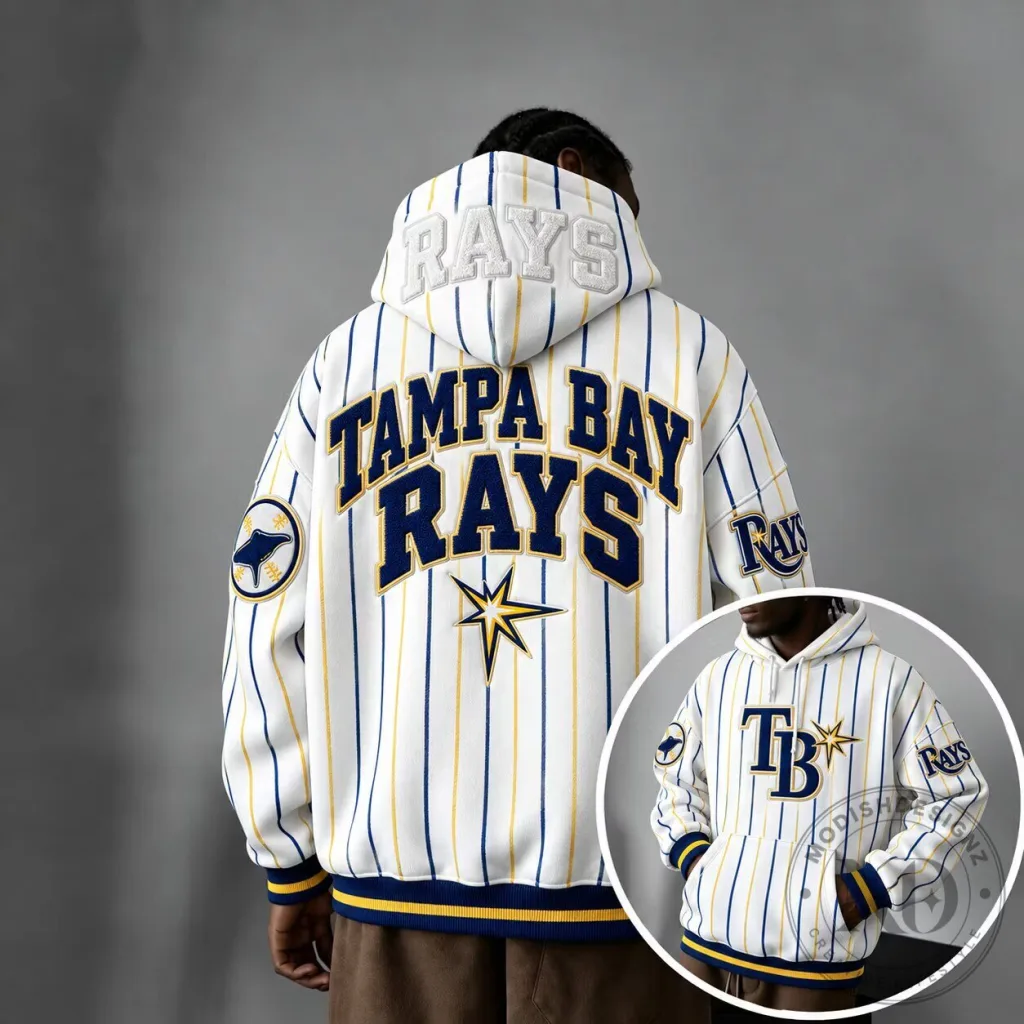 Tampa Bay Rays Baseball Striped Embroidered Oversized Hoodie Tampa Bay Rays Baseball Striped Embroidered Oversized Hoodie