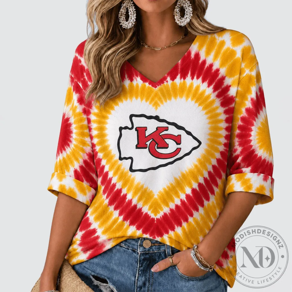 Kansas City Chiefs Tie Dye Heart Logo V-Neck Three Quarter Sleeve T-Shirt