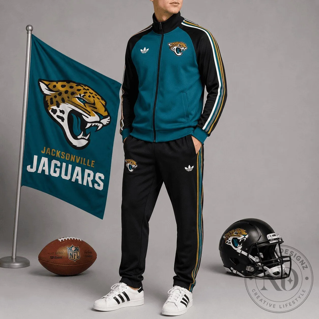 Jacksonville Jaguars Football Team Black and Teal Track Suit Jacket and Joggers