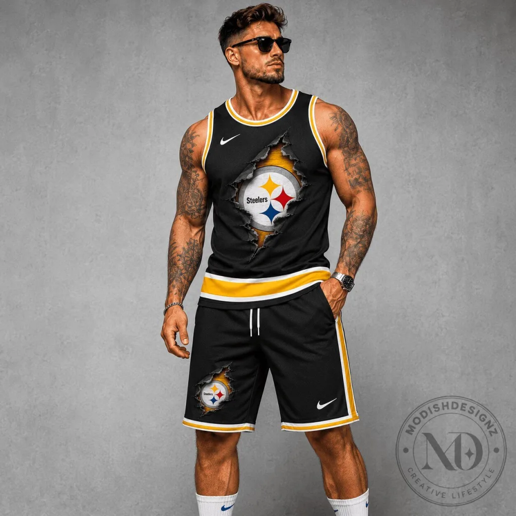 Pittsburgh Steelers Football Team Black Ripped Design Tank Top and Shorts Set Pittsburgh Steelers Football Team Black Ripped Design Tank Top and Shorts Set
