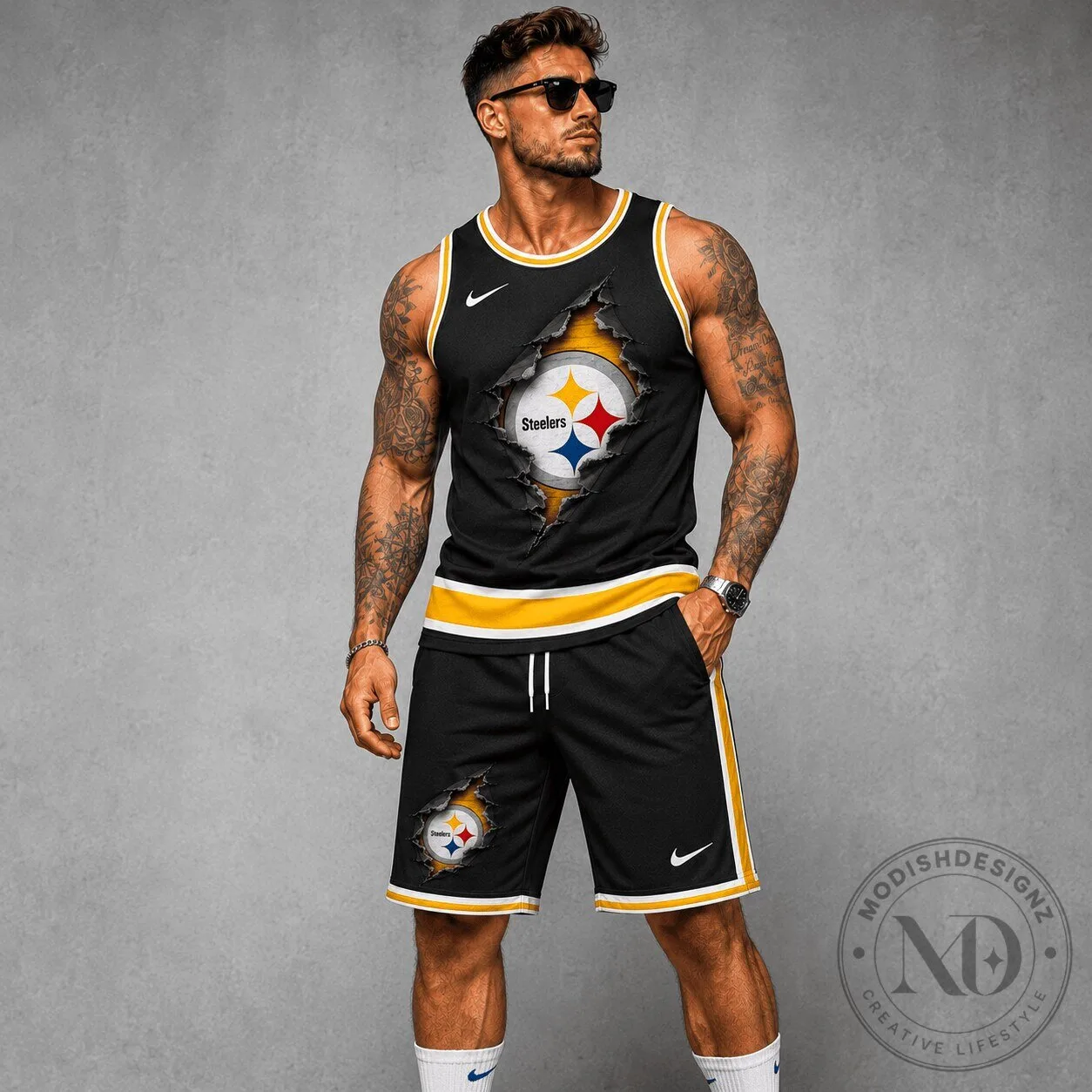 Pittsburgh Steelers Football Team Black Ripped Design Tank Top and Shorts Set