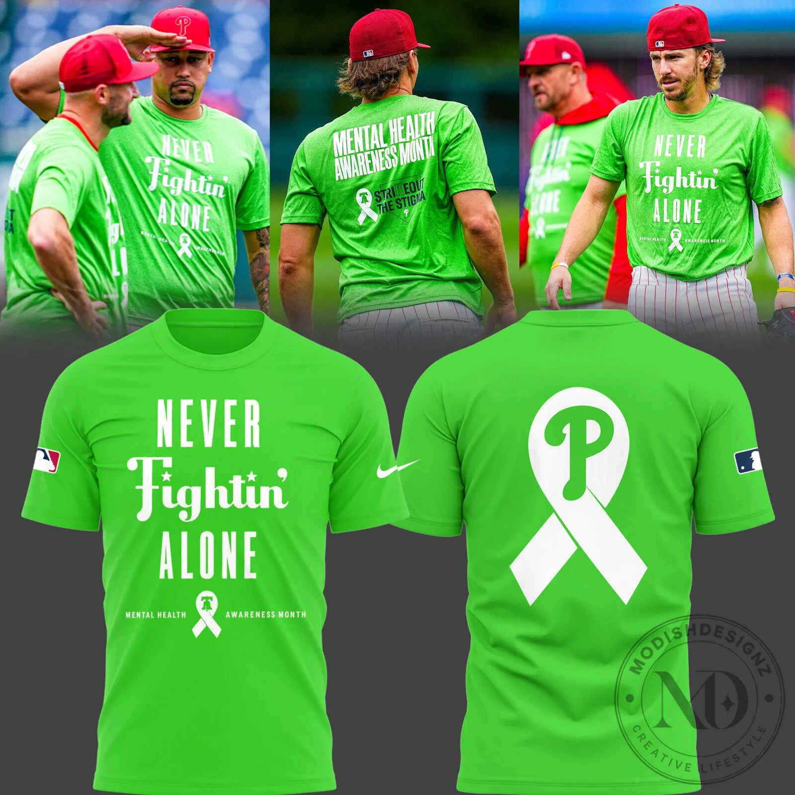 Philadelphia Phillies Mental Health Awareness Month Never Fighting Alone t-shirt