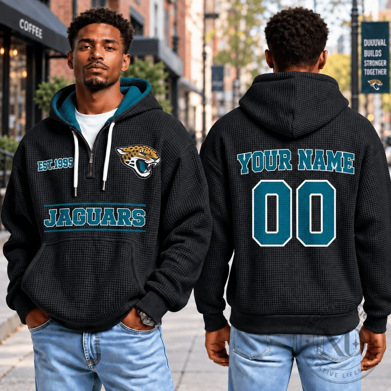 Jacksonville Jaguars Personalized Quarter Zip Waffle Hoodie