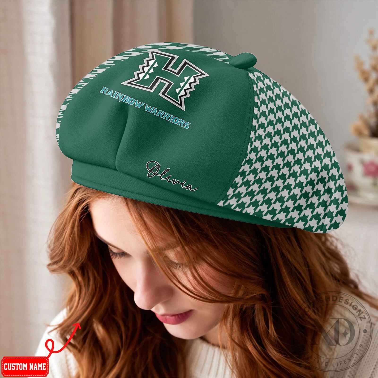 Hawaii Rainbow Warriors Personalized Houndstooth Beret Hat