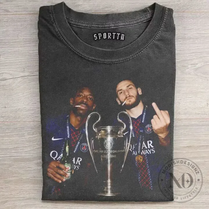 Ousmane Dembele and Khvicha Kvaratskhelia Champions League Celebration T-Shirt