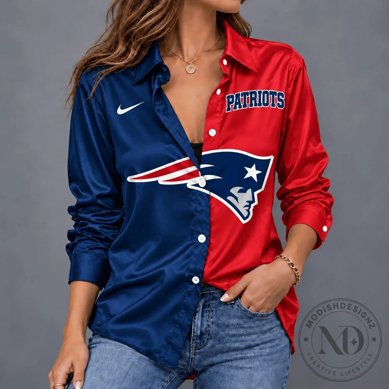 New England Patriots Split Color Long Sleeve Button Down Shirt