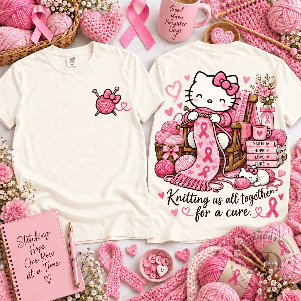 Hello Kitty Knitting Us All Together For A Cure Breast Cancer Awareness T-Shirt 2 Hello Kitty Knitting Us All Together For A Cure Breast Cancer Awareness T-Shirt