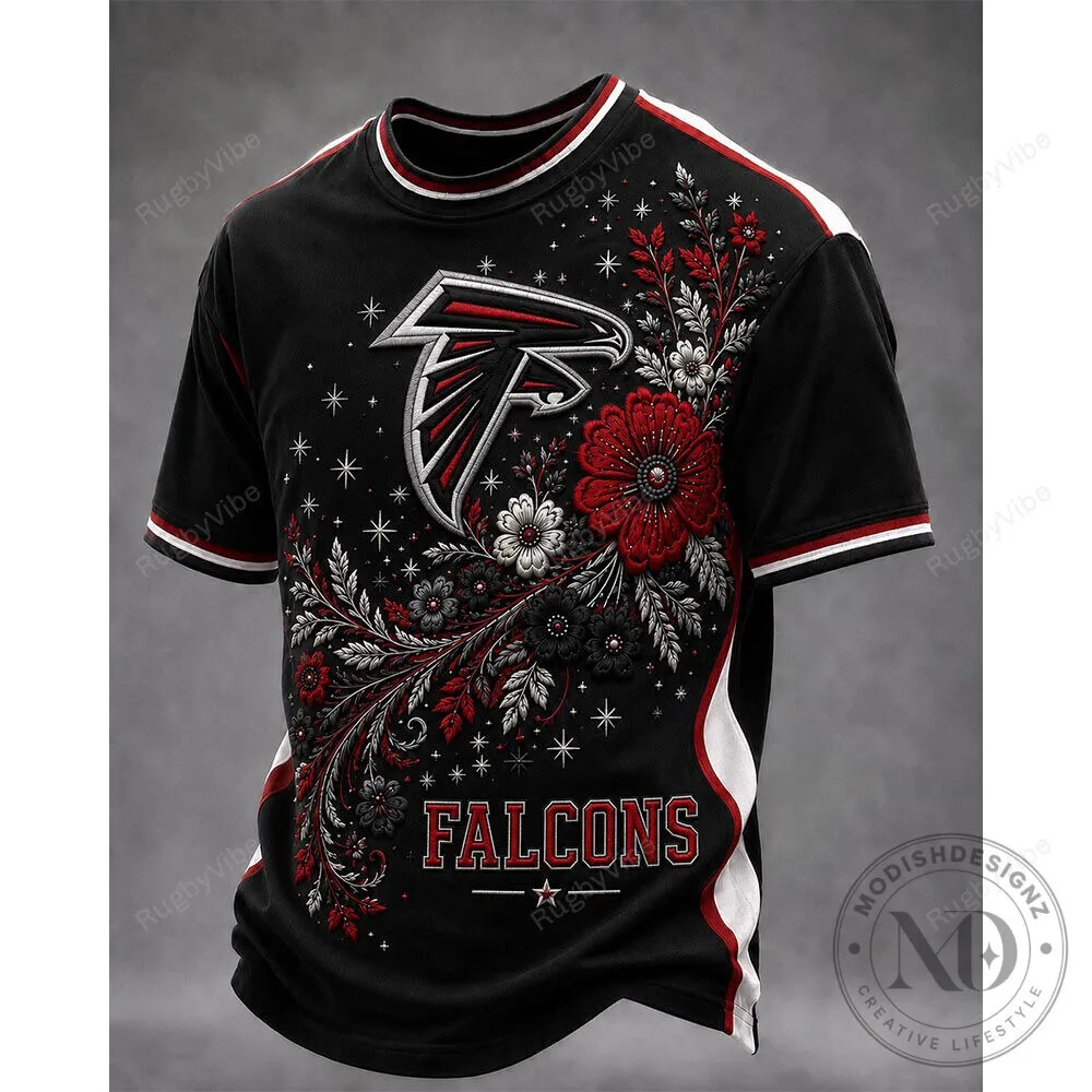 Atlanta Falcons Floral Embroidered Black and Red Fan T-Shirt