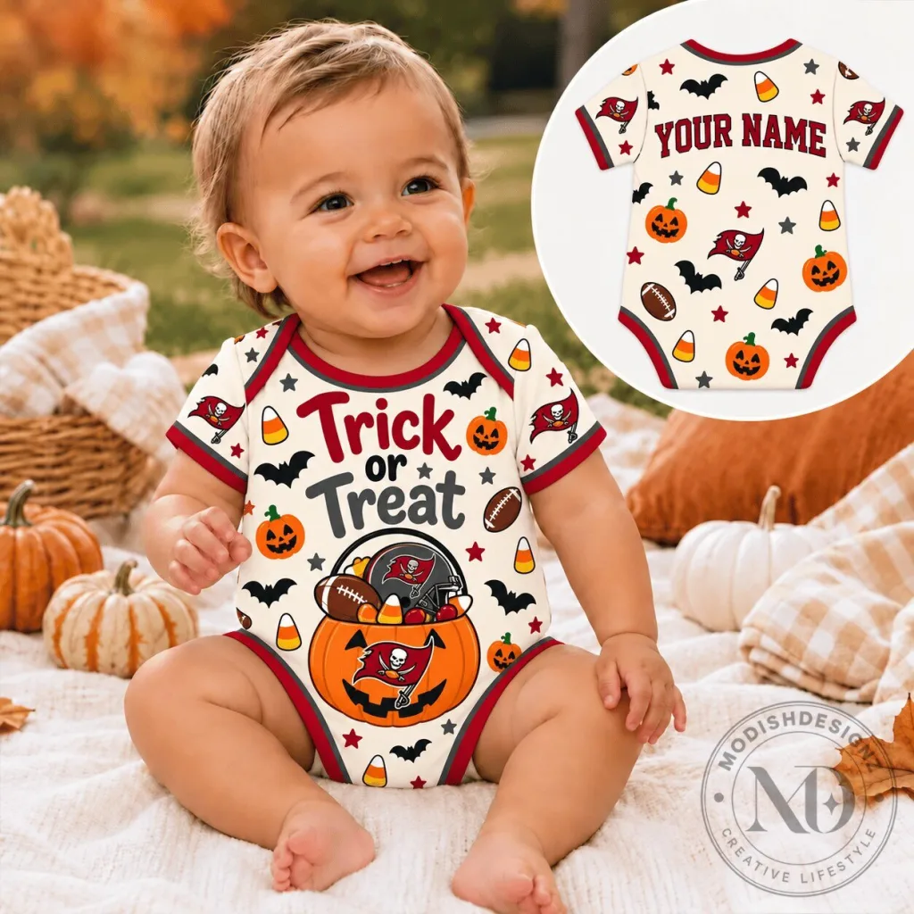 Tampa Bay Buccaneers Personalized Halloween Trick or Treat Baby Romper Tampa Bay Buccaneers Personalized Halloween Trick or Treat Baby Romper