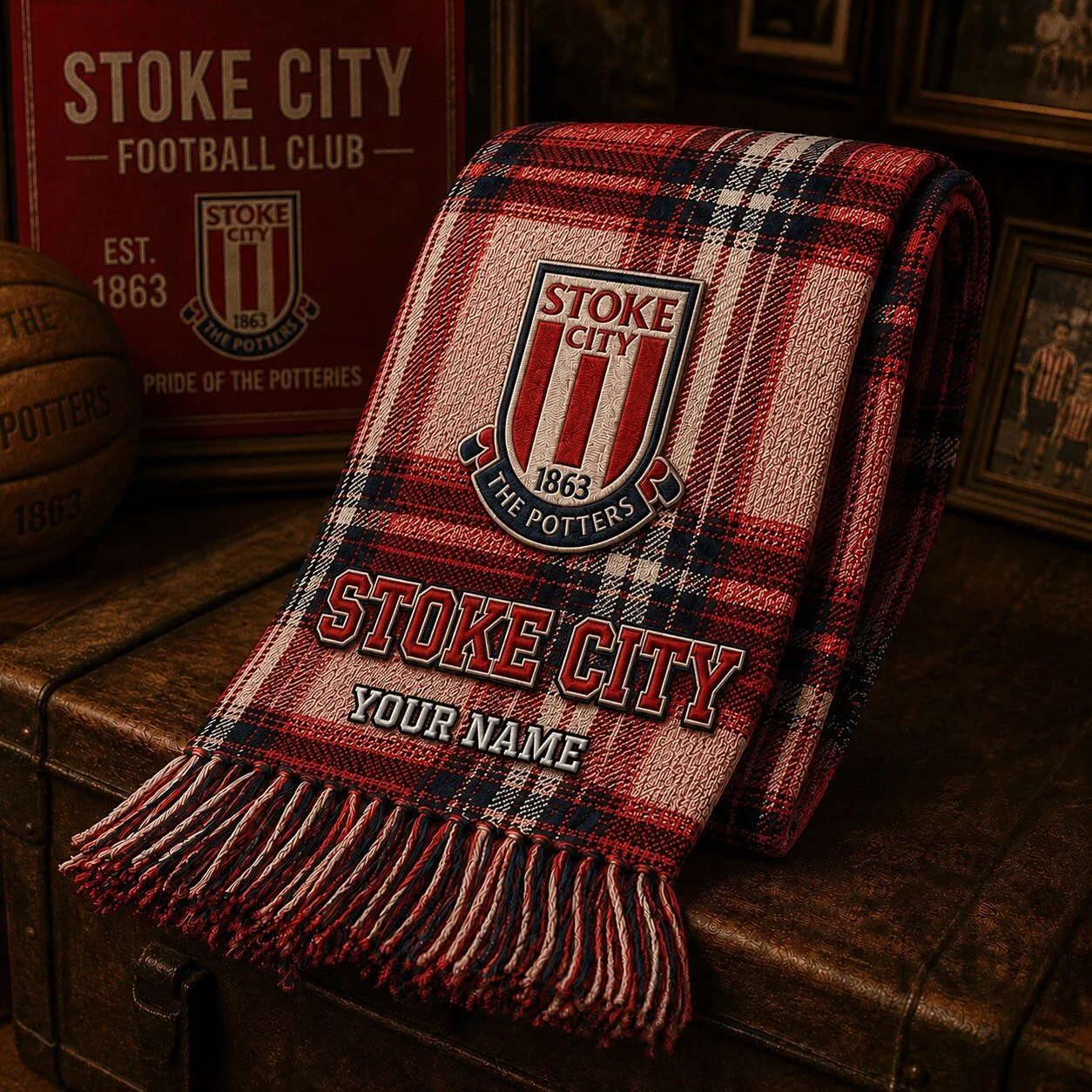 Stoke City Football Club Personalized Plaid Pattern Fan Scarf