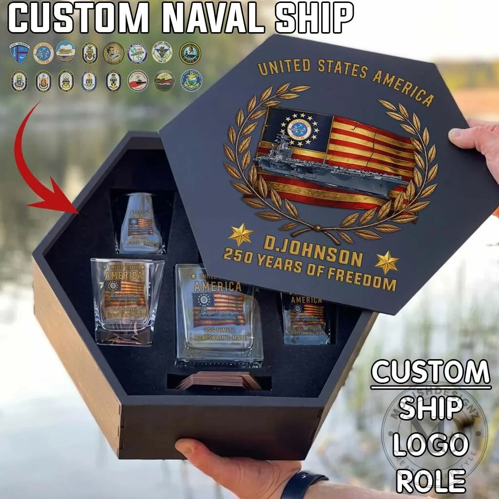 United States Navy Ship Decanter and Whiskey Glass Set with Custom Engraving