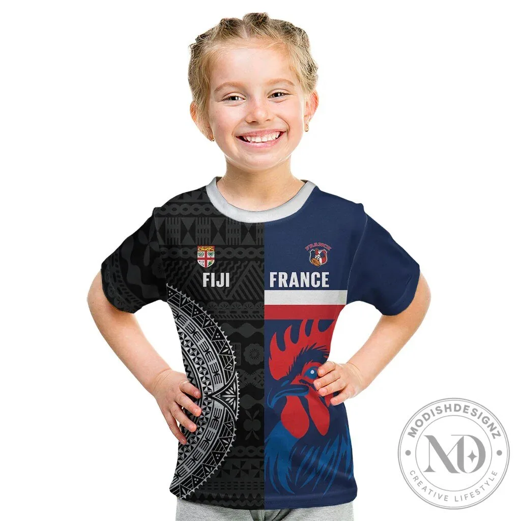 Fiji and France Rugby Kids T-Shirt Flying Fijian Les Bleus Together