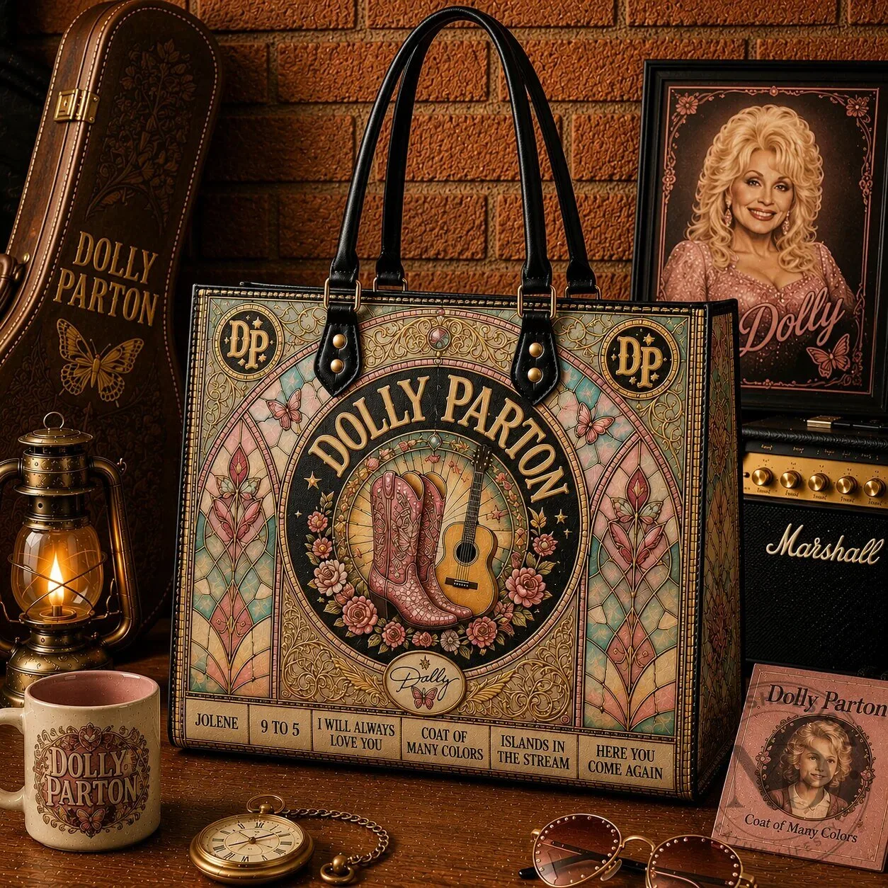 Dolly Parton Country Music Stained Glass Design Handbag, Vintage Style Tote Bag