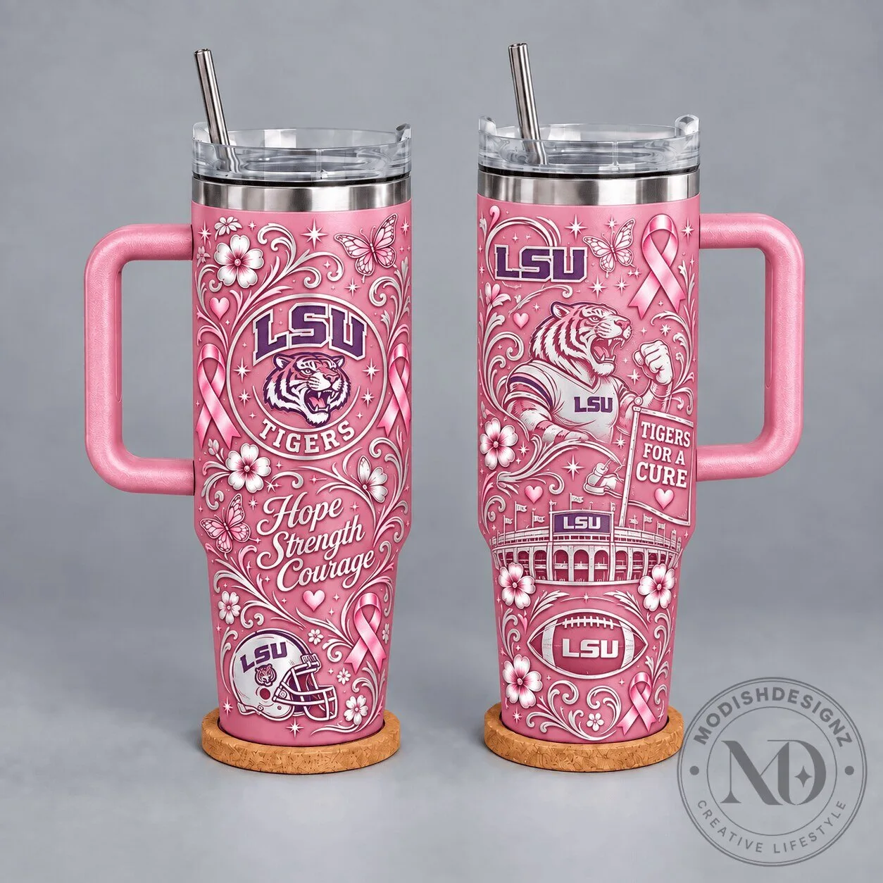 LSU Tigers Breast Cancer Awareness Pink Floral Hope Strength Courage Tumbler