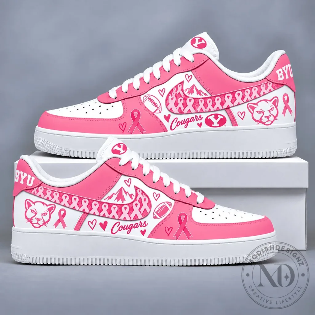 BYU Cougars Breast Cancer Awareness Pink Ribbon Custom Sneakers Shoes BYU Cougars Breast Cancer Awareness Pink Ribbon Custom Sneakers Shoes