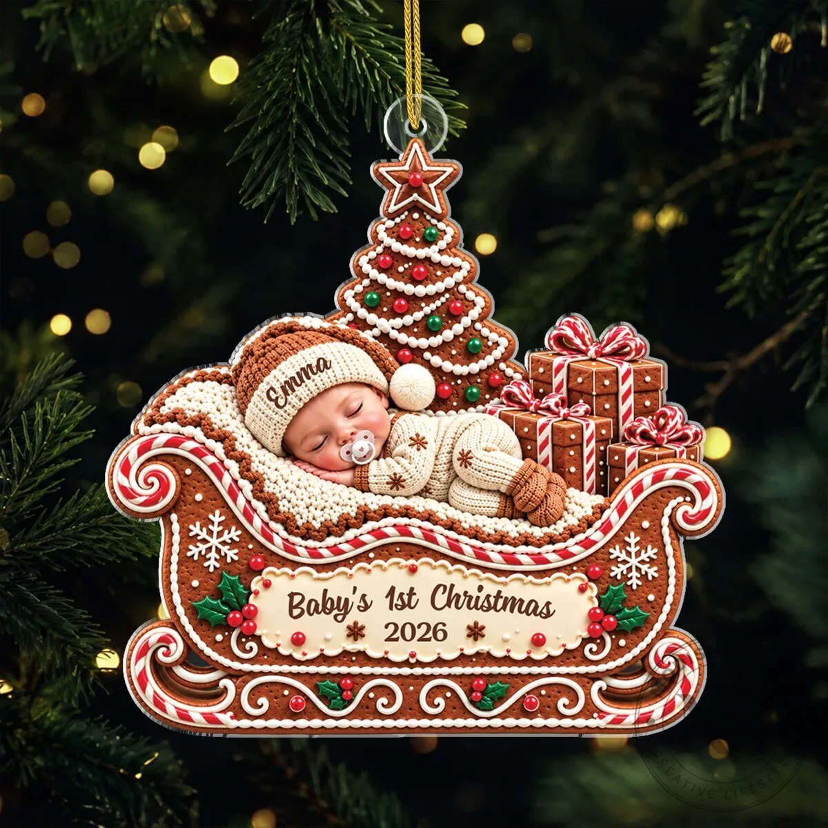 Personalized Baby's First Christmas 2026 Gingerbread Sleigh Ornament